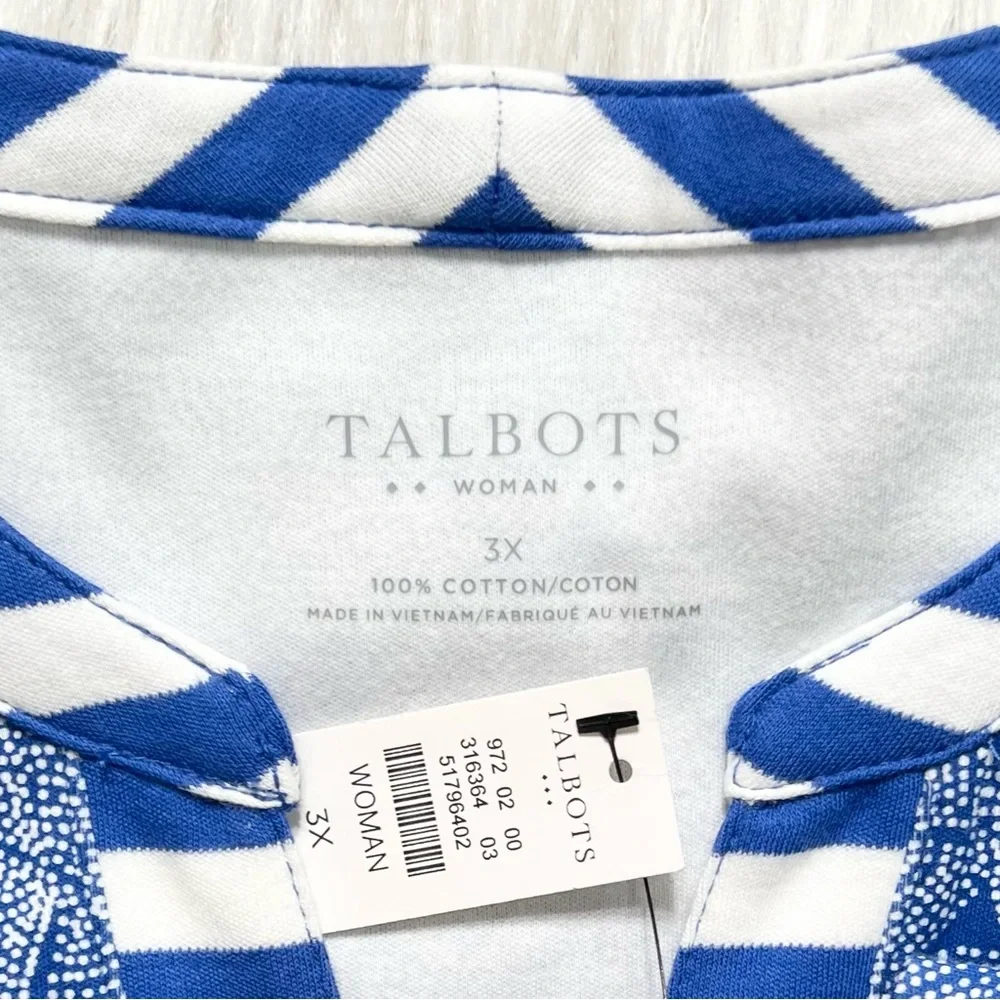 SOLD-NWT Talbots Geometric Striped Blue White V Neck 3/4 Sleeve Pullover Tee - Picture 7 of 9